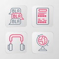 Set line Earth globe, Headphones, Exam sheet and Speech bubble chat icon. Vector