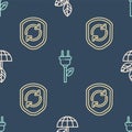 Set line Earth globe and plant, Recycle symbol inside shield and Electric saving plug in leaf on seamless pattern Royalty Free Stock Photo