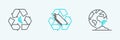 Set line Earth globe and plant, Recycle symbol leaf and Recycling plastic bottle icon. Vector Royalty Free Stock Photo