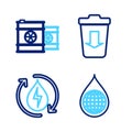Set line Earth planet in water drop, Recycle clean aqua, Send to the trash and Radioactive waste barrel icon. Vector Royalty Free Stock Photo
