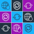 Set line Earth planet in water drop, Refresh and Recycle symbol inside shield icon. Vector Royalty Free Stock Photo