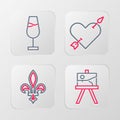 Set line Easel or painting art boards, Fleur De Lys, Amour with heart and arrow and Wine glass icon. Vector Royalty Free Stock Photo