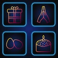 Set line Easter cake and candle, Easter eggs, Gift box and Hands in praying position. Gradient color icons. Vector