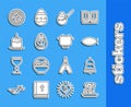 Set line Easter cake and eggs, Ringing bell, Christian fish, paint brush, candle, wicker nest and Egg hot pot icon Royalty Free Stock Photo