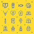 Set line Easter egg, Christian cross, Pope hat, fish symbol, in heart, on chain, monitor and icon. Vector Royalty Free Stock Photo