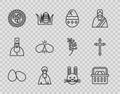 Set line Easter eggs, Basket with easter, Cracked, Jesus Christ, in wicker nest, rabbit and Christian cross icon. Vector Royalty Free Stock Photo