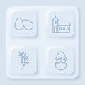 Set line Easter eggs, Church building, Willow leaf and Broken egg. White square button. Vector Royalty Free Stock Photo