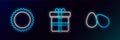 Set line Easter eggs, Sun and Gift box icon. Glowing neon. Vector Royalty Free Stock Photo