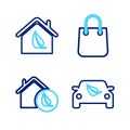 Set line Eco car drive with leaf, friendly house, Shopping bag and icon. Vector