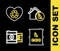 Set line Eco friendly house, Bio fuel barrel, Radioactive waste in and heart icon. Vector Royalty Free Stock Photo