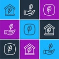 Set line Eco friendly house, Leaf symbol and Plant in hand icon. Vector