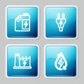 Set line Eco fuel canister, Electric plug, Nuclear power plant and Water energy icon. Vector Royalty Free Stock Photo
