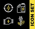 Set line Eco fuel canister, Electric saving plug in leaf, Check engine and Recharging icon. Vector Royalty Free Stock Photo
