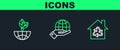 Set line Eco House with recycling symbol, Earth globe and leaf and Human hands holding icon. Vector