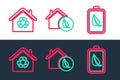 Set line Eco nature leaf and battery, House with recycling and friendly house icon. Vector