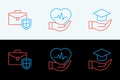 Set line Education grant, Briefcase with shield and Life insurance icon. Vector Royalty Free Stock Photo