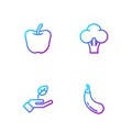 Set line Eggplant, Plant in hand, Apple and Broccoli. Gradient color icons. Vector