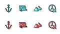 Set line Egypt pyramids, Anchor, Rv Camping trailer and Clock with airplane icon. Vector