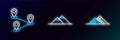 Set line Egypt pyramids, Route location and Mountains icon. Glowing neon. Vector