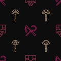 Set line Egyptian house, fan and Crook and flail on seamless pattern. Vector