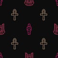 Set line Egyptian pharaoh, Cross ankh and mummy on seamless pattern. Vector