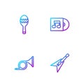 Set line Electric bass guitar, Trumpet, Maracas and Vinyl disk. Gradient color icons. Vector Royalty Free Stock Photo