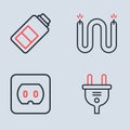 Set line Electric cable, Electrical outlet, plug and Battery charge icon. Vector Royalty Free Stock Photo
