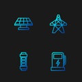 Set line Electric car charging station, Battery, Solar energy panel and tower. Gradient color icons. Vector Royalty Free Stock Photo