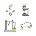 Set line Electric car, 3D printer, Microscope and UAV Drone icon. Vector Royalty Free Stock Photo