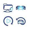 Set line Electric car, Video play button, Cars and FTP folder upload icon. Vector Royalty Free Stock Photo