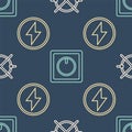 Set line Electric circuit scheme, Lightning bolt and Electric light switch on seamless pattern. Vector