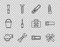 Set line Electric circular saw, Hammer and wrench, Chainsaw, Wrench spanner, Putty knife, Screwdriver, Hand and icon Royalty Free Stock Photo