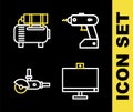 Set line Electric cordless screwdriver, Computer monitor, Angle grinder and Air compressor icon. Vector