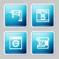 Set line Electric drill machine, Coffee and cup, Washer and Sewing icon. Vector Royalty Free Stock Photo