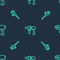 Set line Electric drill machine, Construction jackhammer and industrial dryer on seamless pattern. Vector Royalty Free Stock Photo