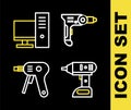 Set line Electric drill machine, cordless screwdriver, hot glue gun and Computer monitor icon. Vector