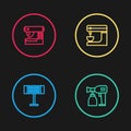 Set line Electric heater, Paint spray gun, mixer and Sewing machine icon. Vector Royalty Free Stock Photo