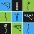 Set line Electric hot glue gun, Adjustable wrench and Screwdriver icon. Vector