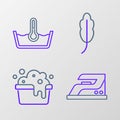 Set line Electric iron, Basin with soap suds, Feather and Temperature wash icon. Vector