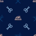 Set line Electric iron and ironing board, Scissors and on seamless pattern. Vector Royalty Free Stock Photo