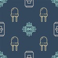 Set line Electric light switch, Light emitting diode and Processor with microcircuits CPU on seamless pattern. Vector Royalty Free Stock Photo