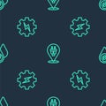 Set line Electric plug, Gear and lightning and Water energy on seamless pattern. Vector