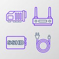 Set line Electric plug, SSHD card, Router and wi-fi signal and Video graphic icon. Vector