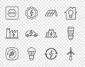 Set line Electric plug, Wind turbine, Solar energy panel, LED light bulb, Electrical outlet, car, Recharging and icon Royalty Free Stock Photo