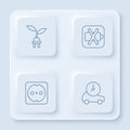 Set line Electric saving plug in leaf, Low battery, Electrical outlet and car. White square button. Vector Royalty Free Stock Photo