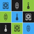 Set line Electric stove, Kitchen whisk and Bread loaf icon. Vector