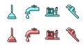 Set line Electric water pump, Rubber plunger, Water tap and Pipe adjustable wrench icon. Vector