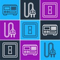Set line Electrical measuring instruments, Electric light switch and Electric plug icon. Vector Royalty Free Stock Photo