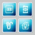 Set line Electrical outlet, Bio fuel barrel, plug and Smart house and light bulb icon. Vector Royalty Free Stock Photo