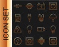 Set line Electrical outlet, Light emitting diode, Car battery, USB cable cord, Multimeter, circuit scheme and icon Royalty Free Stock Photo